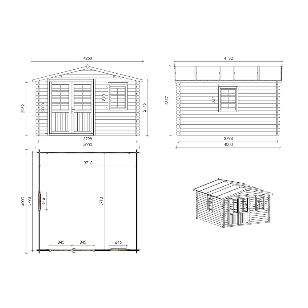 Abri de jardin en bois - 16m2 - 4x4m - Ep. 40mm - Couleur: naturel