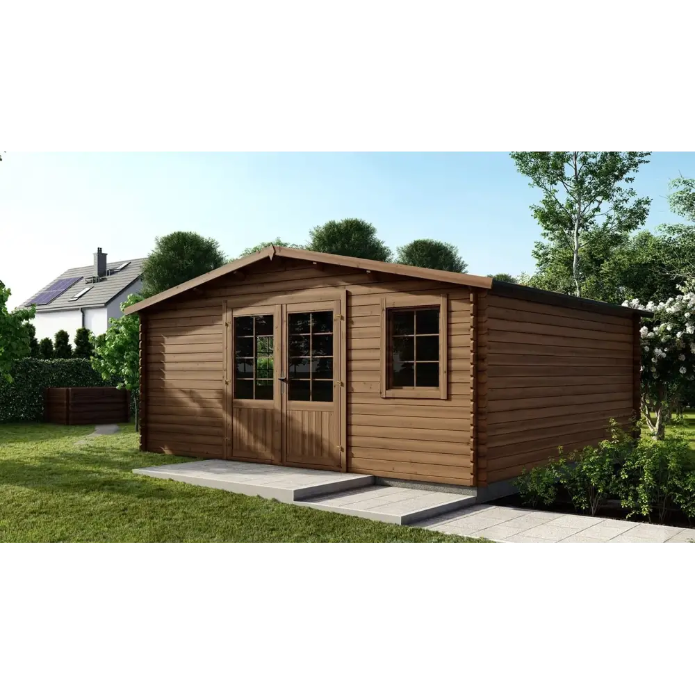 Abri de jardin en bois - 25m2 - 5x5m - Traité - Ep. 28mm - Couleur: marron