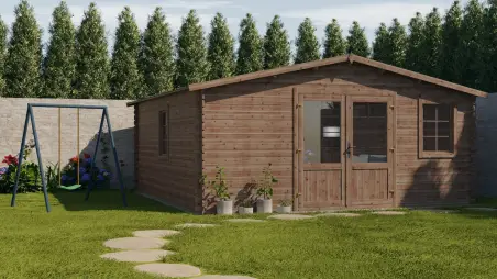 Abri de jardin en bois - 25m2 - 5x5m - Traité - Ep. 28mm - Couleur: marron