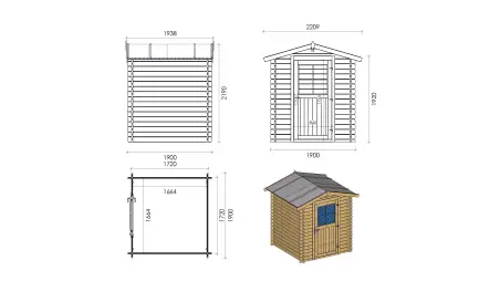 Abri de jardin en bois - 3.61m2 - 1.9x1.9m - Ep. 28mm - Couleur: naturel
