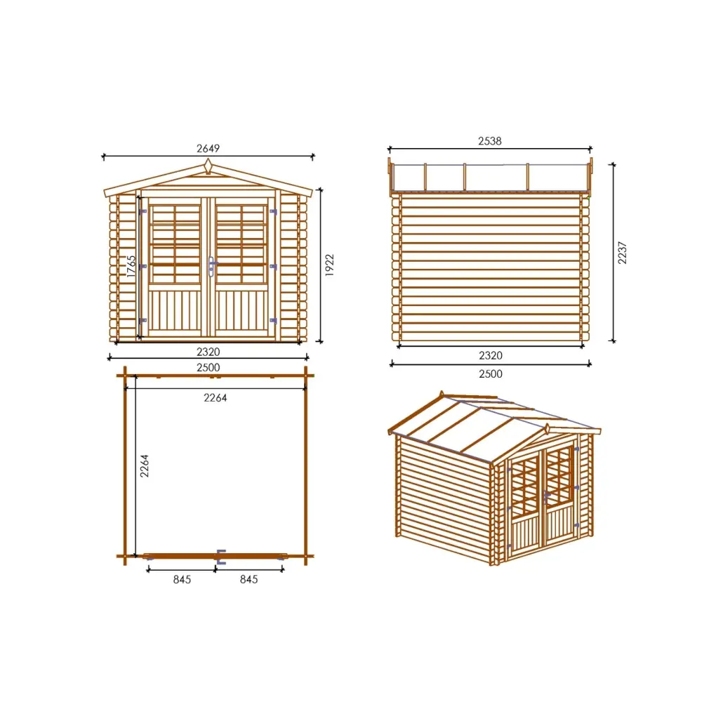 Abri de jardin en bois - 6.25m2 - 2.5x2.5m - Ep. 28mm - Couleur: naturel