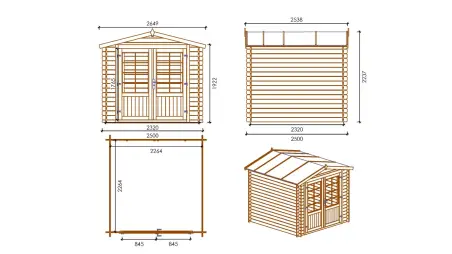 Abri de jardin en bois - 6.25m2 - 2.5x2.5m - Ep. 28mm - Couleur: naturel