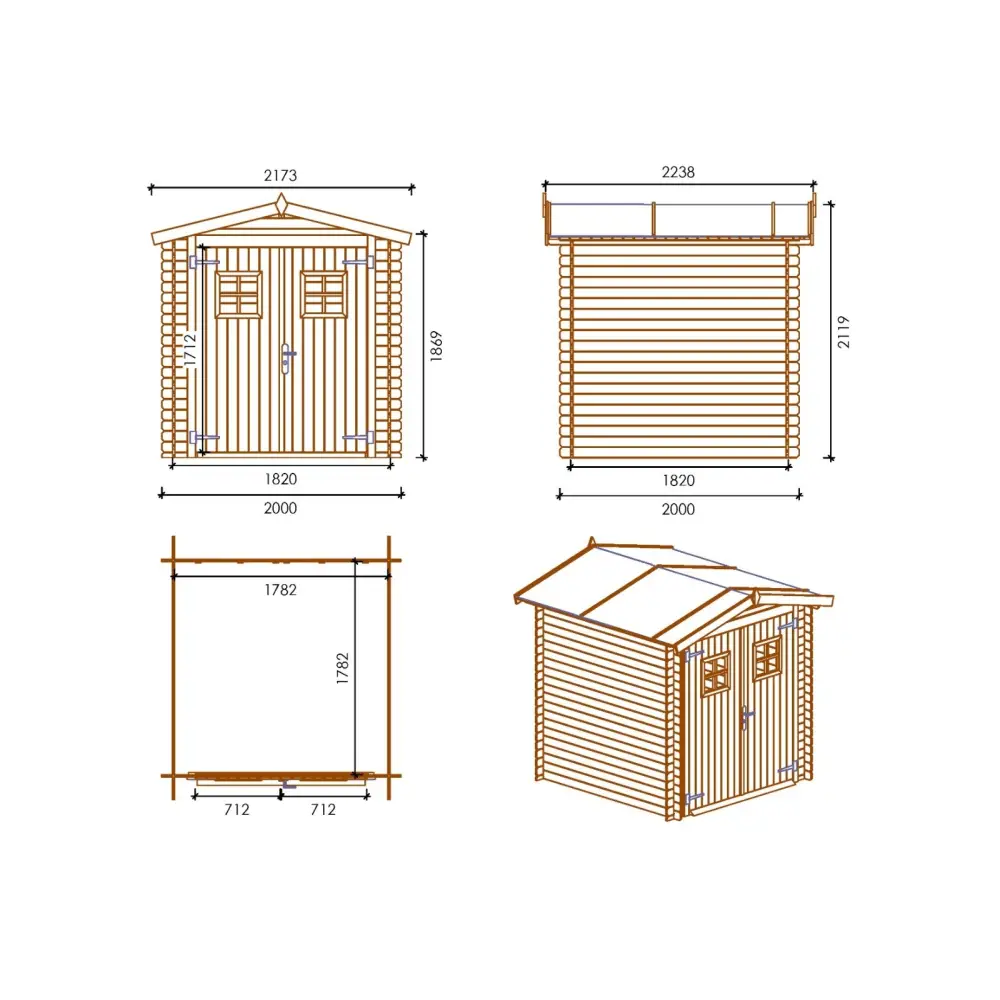 Abri de jardin en bois - 4m2 - 2x2m - Ep. 19mm - Couleur: naturel