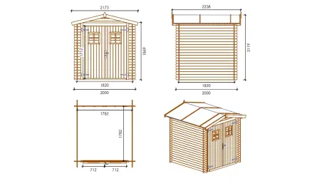 Abri de jardin en bois - 4m2 - 2x2m - Ep. 19mm - Couleur: naturel