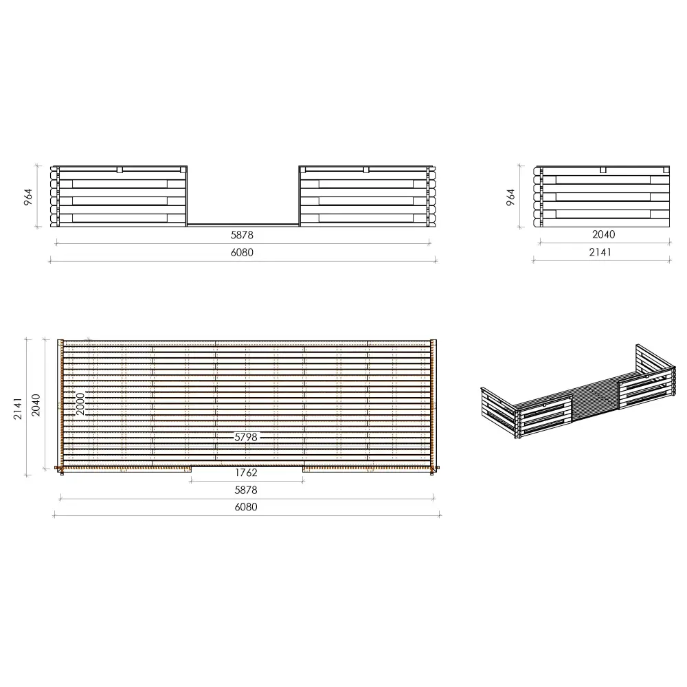 Terrasse en bois avec balustrade pour abri en bois - 12m2 - 6m x 2m - couleur: naturel