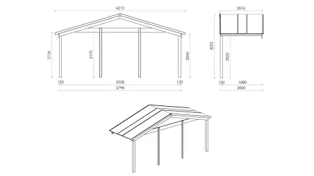 Avant-toit en bois 6x2m pour le chalet de jardin 6m, couleur naturel
