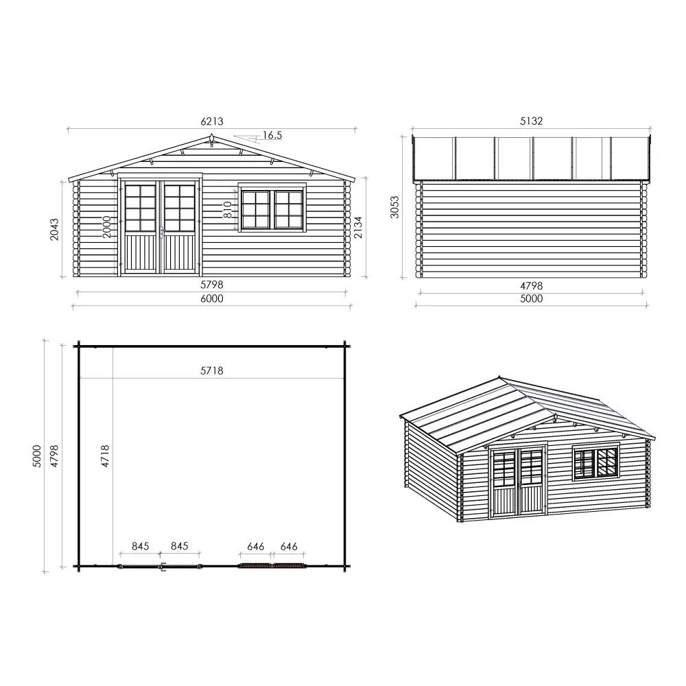 Abri de jardin en bois - 6x5 m + terrasse avec balustrade et avant-toit en bois - 42 m2