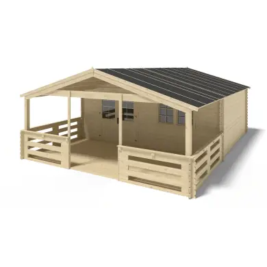 Abri de jardin en bois - 6x5 m + terrasse avec balustrade et avant-toit en bois - 48 m2