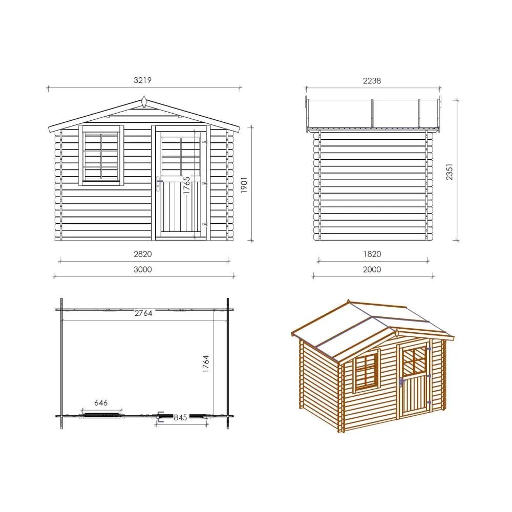 Abri de jardin en bois - 6m2 - 3x2m - Ep. 28mm - Couleur: naturel
