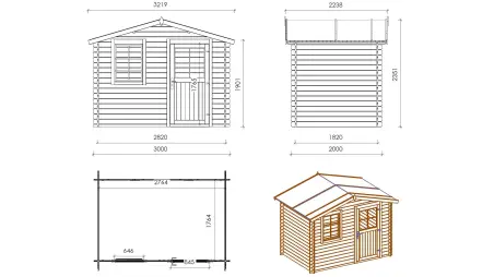 Abri de jardin en bois - 6m2 - 3x2m - Ep. 28mm - Couleur: naturel