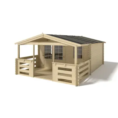 Abri de jardin en bois - 4x4 m + terrasse avec balustrade et avant-toit en bois - 24 m2