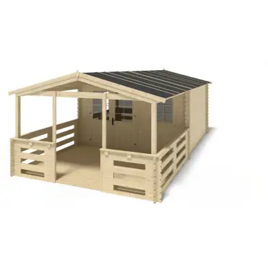 Abri de jardin en bois - 4x4 m + terrasse avec balustrade et avant-toit en bois - 28 m2