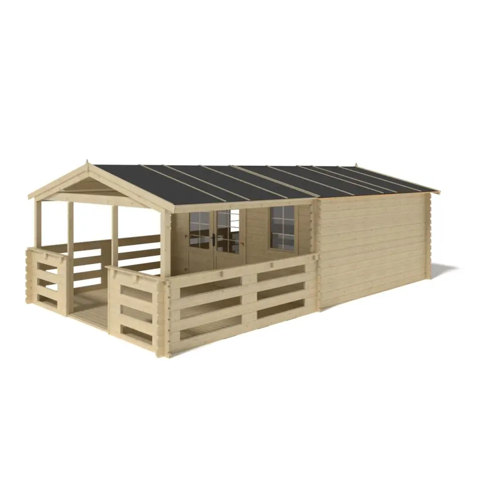 Abri de jardin en bois - 4x4 m + terrasse avec balustrade et avant-toit en bois - 28 m2