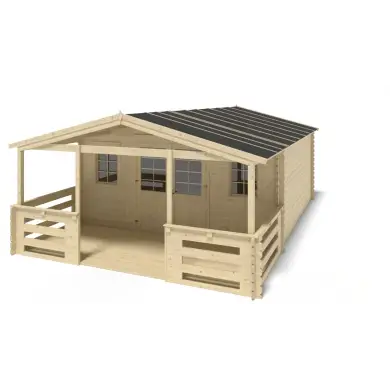 Abri de jardin en bois - 5x5 m + terrasse avec balustrade et avant-toit en bois - 35 m2