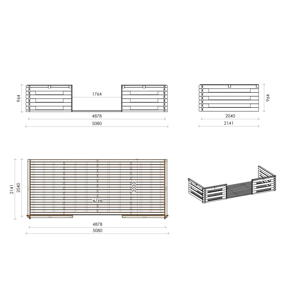 Abri de jardin en bois - 5x5 m + terrasse avec balustrade et avant-toit en bois - 35 m2