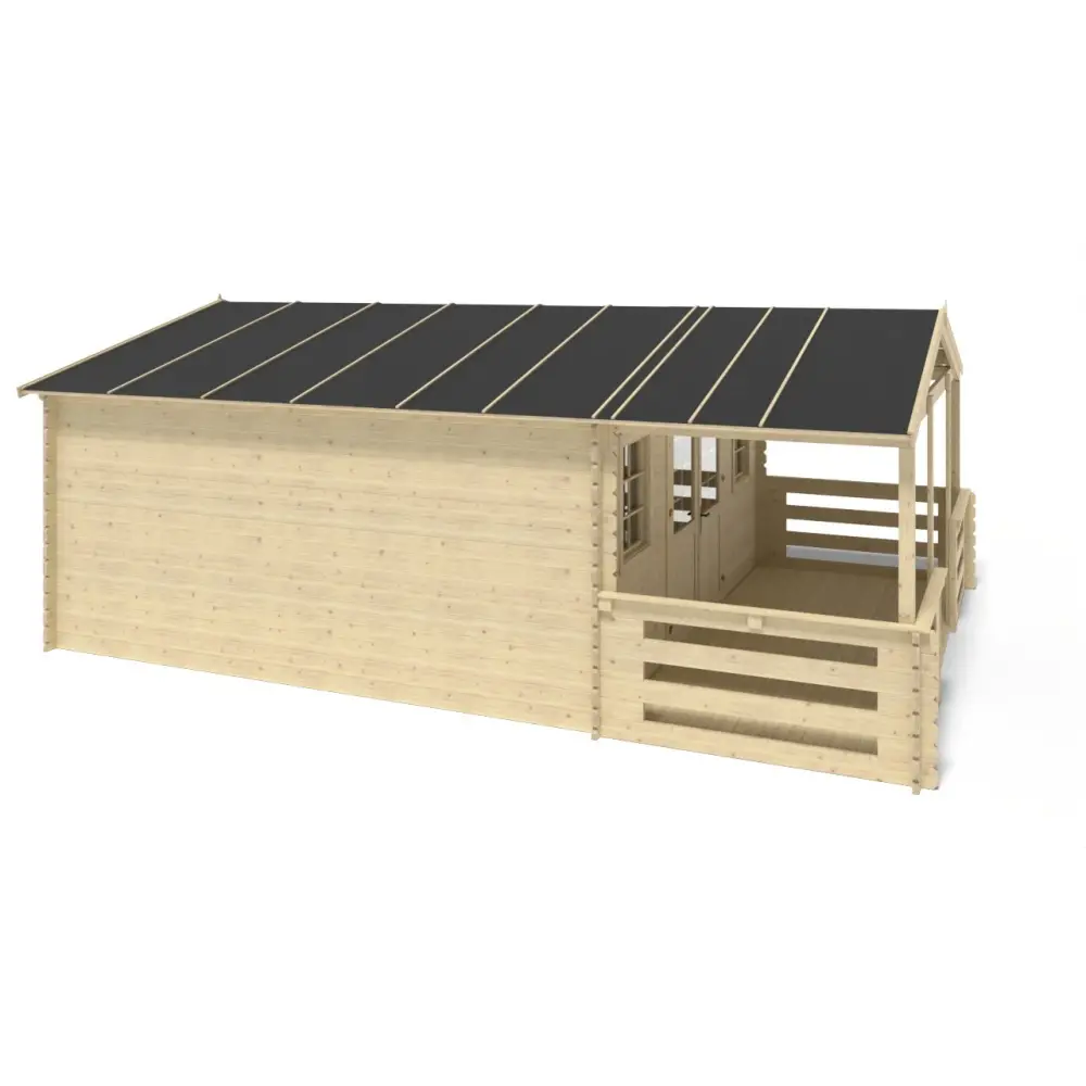 Abri de jardin en bois - 5x5 m + terrasse avec balustrade et avant-toit en bois - 35 m2