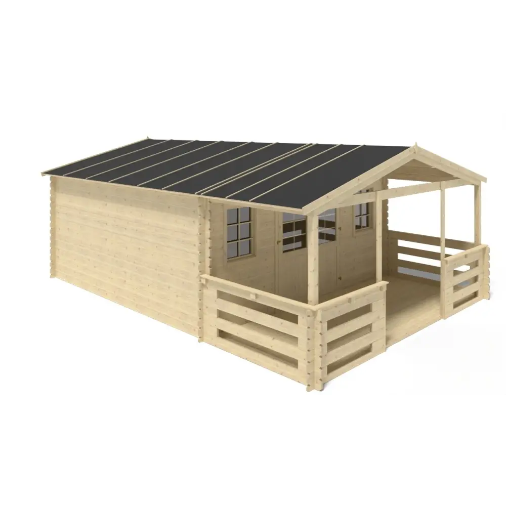 Abri de jardin en bois - 5x5 m + terrasse avec balustrade et avant-toit en bois - 35 m2