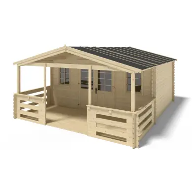 Abri de jardin en bois - 5x4 m + terrasse avec balustrade et avant-toit en bois - 30 m2
