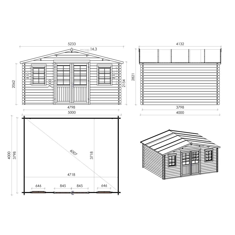 Abri de jardin en bois - 5x4 m + terrasse avec balustrade et avant-toit en bois - 30 m2