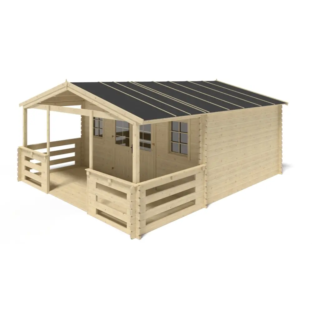Abri de jardin en bois - 5x4 m + terrasse avec balustrade et avant-toit en bois - 30 m2