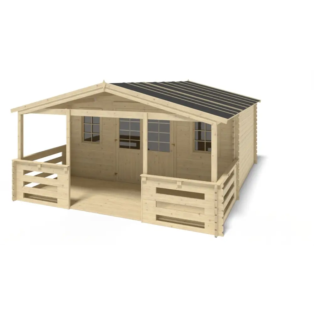 Abri de jardin en bois - 5x4 m + terrasse avec balustrade et avant-toit en bois - 30 m2