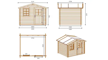 Abri de jardin en bois - 3x2.5 m + terrasse avec balustrade et avant-toit en bois - 16.5 m2