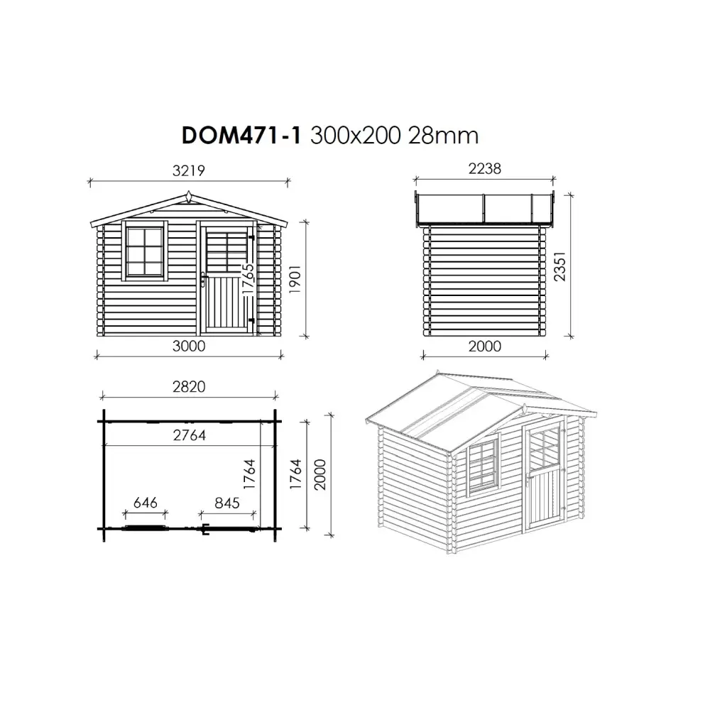 Abri de jardin en bois - 3x2 m + terrasse avec balustrade et avant-toit en bois - 15 m2