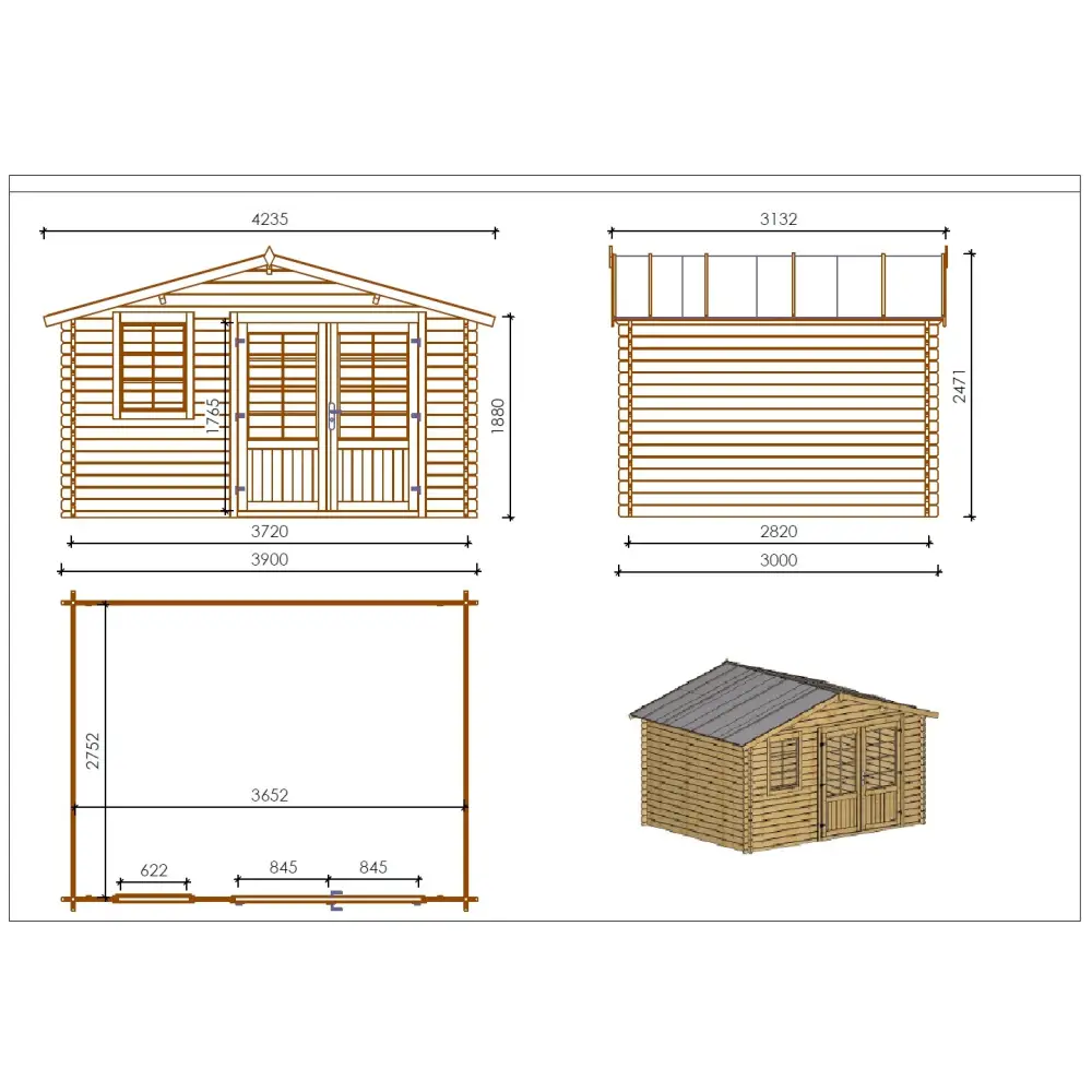 Abri de jardin en bois - 11.7m2 - 3.9x3m - Traité - Ep. 34mm - Couleur: marron