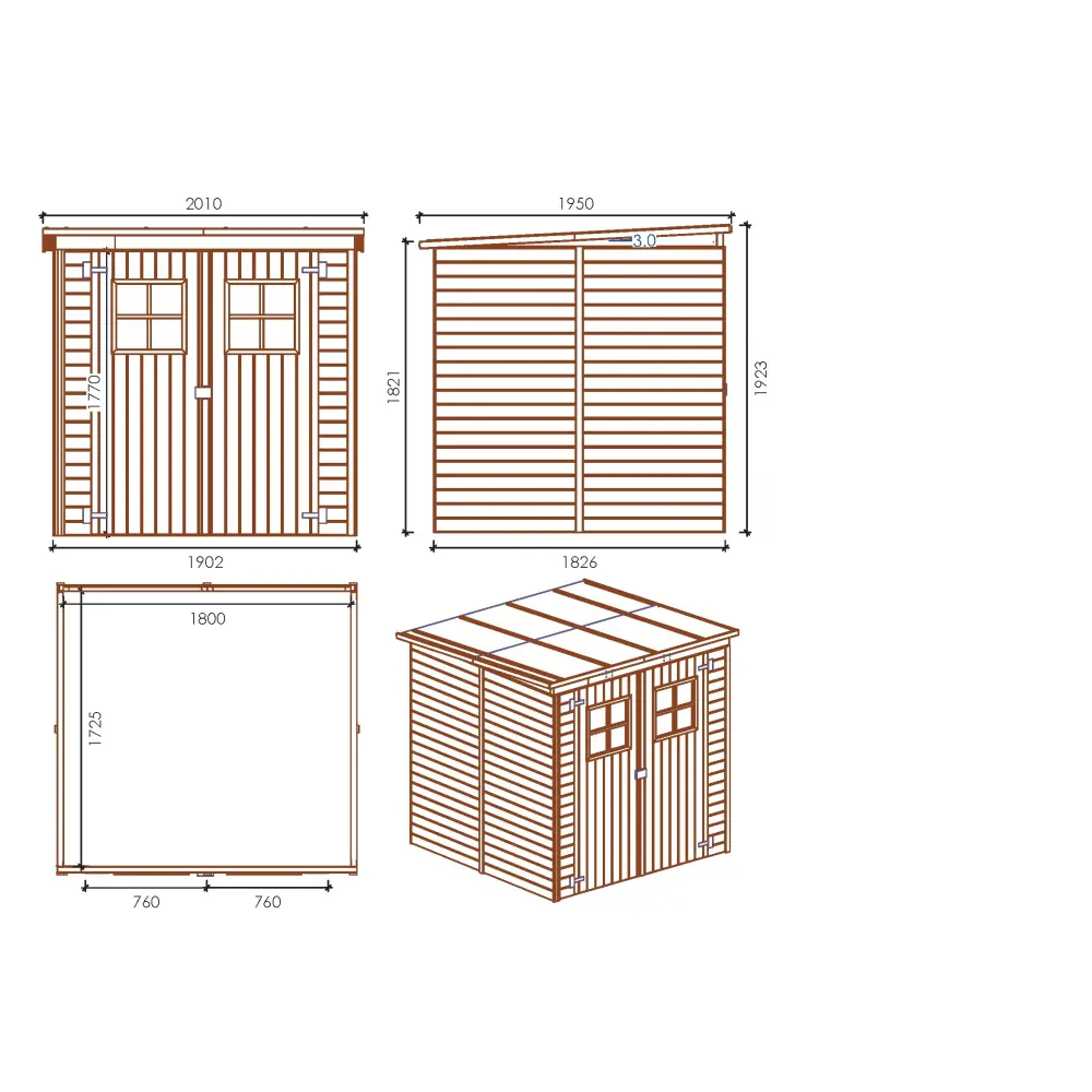 Abri de jardin en bois 3.42 m2 - 1.9x1.8 m - traité - Couleur: vert