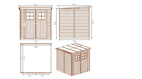 Abri de jardin en bois 3.42 m2 - 1.9x1.8 m - traité - Couleur: vert