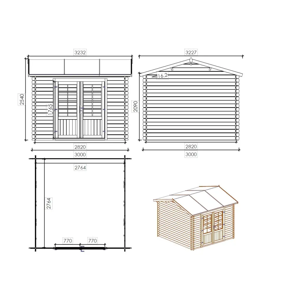Abri de jardin en bois - 9m2 - 3x3m - Traité - Ep. 28mm - Couleur: marron