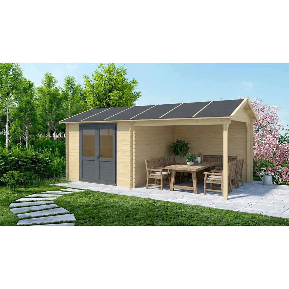Abri de jardin en bois - 17.4m2 - 5.79x3m - Ep. 28mm - Couleur: naturel