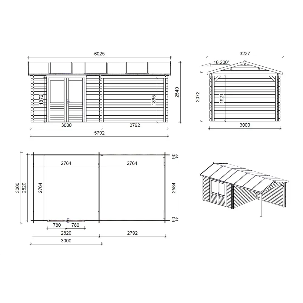 Abri de jardin en bois - 17.4m2 - 5.79x3m - Ep. 28mm - Couleur: naturel
