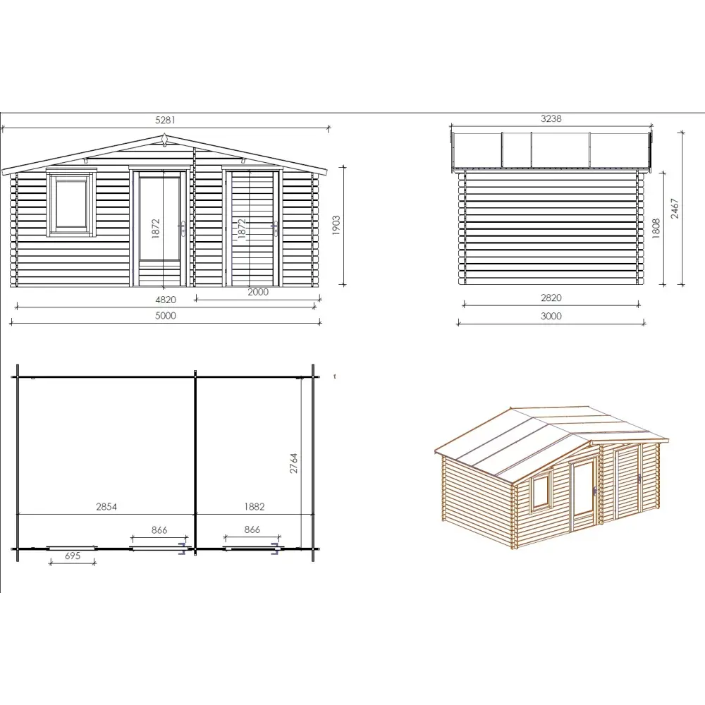Abri de jardin en bois - 15m2 - 5x3m - Ep. 28mm - Couleur: naturel