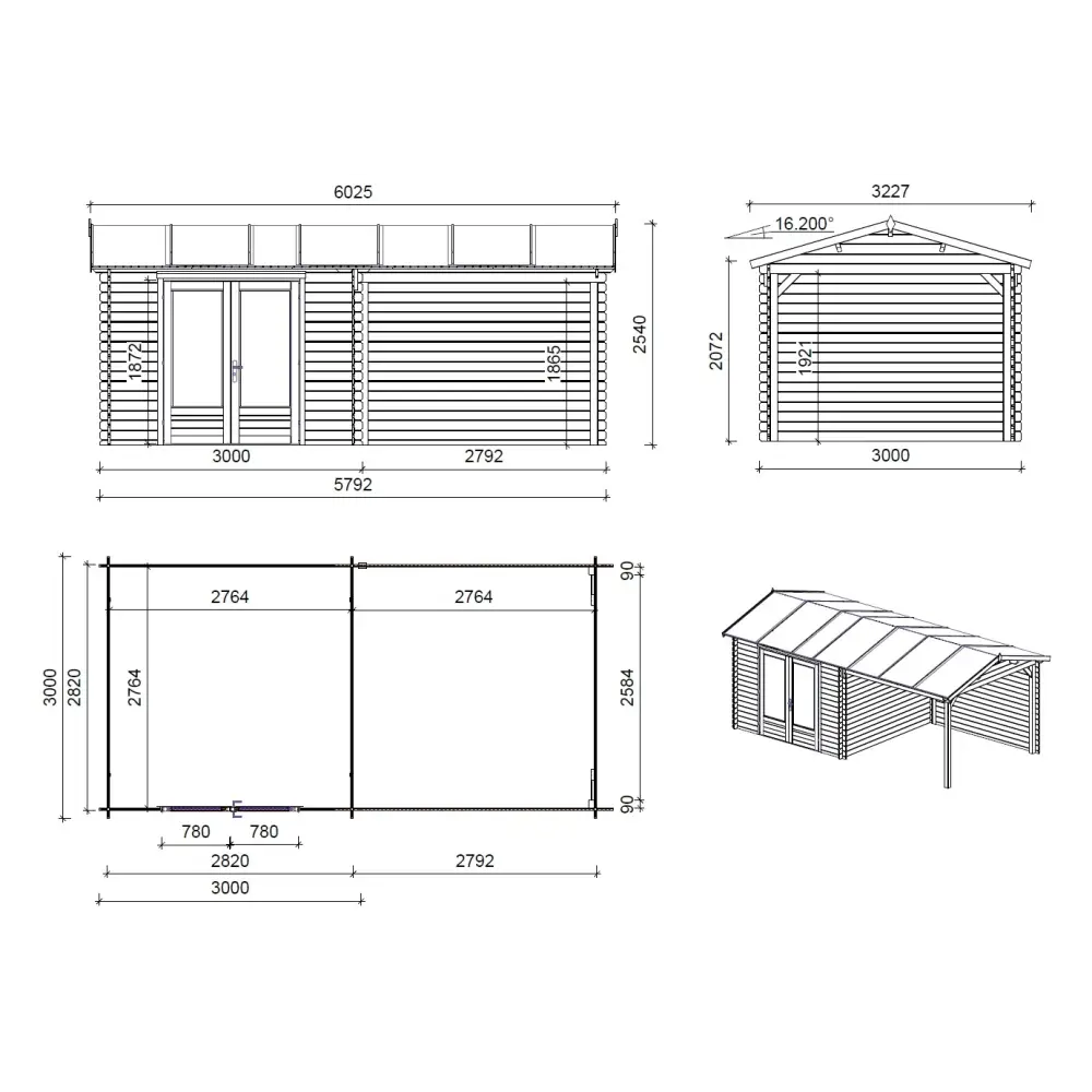 Abri de jardin en bois - 17.4m2 - 5.79x3m - Ep. 28mm - Couleur: naturel
