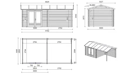 Abri de jardin en bois - 17.4m2 - 5.79x3m - Ep. 28mm - Couleur: naturel