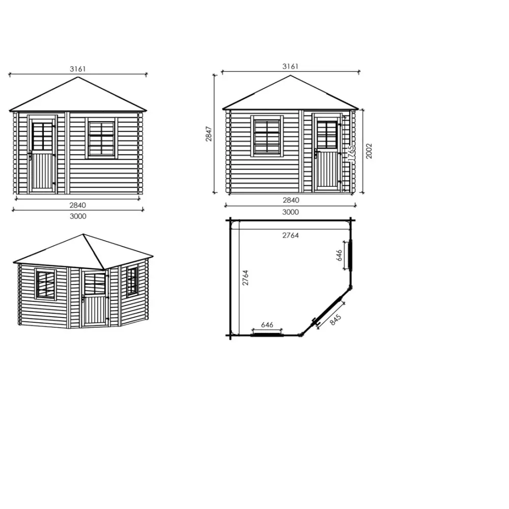 Abri de jardin en bois - 7.3m2 - 3x3m - Traité - Ep. 28mm - Couleur: vert