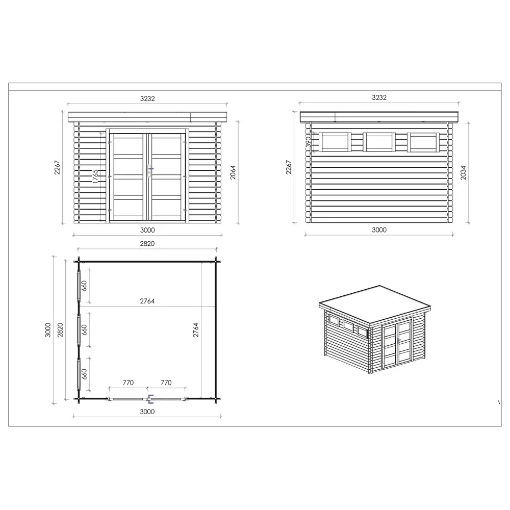 Abri de jardin en bois - 9m2 - 3x3m - Traité - Ep. 28mm - Couleur: marron