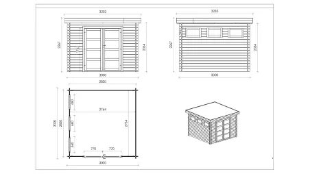 Abri de jardin en bois - 9m2 - 3x3m - Traité - Ep. 28mm - Couleur: marron