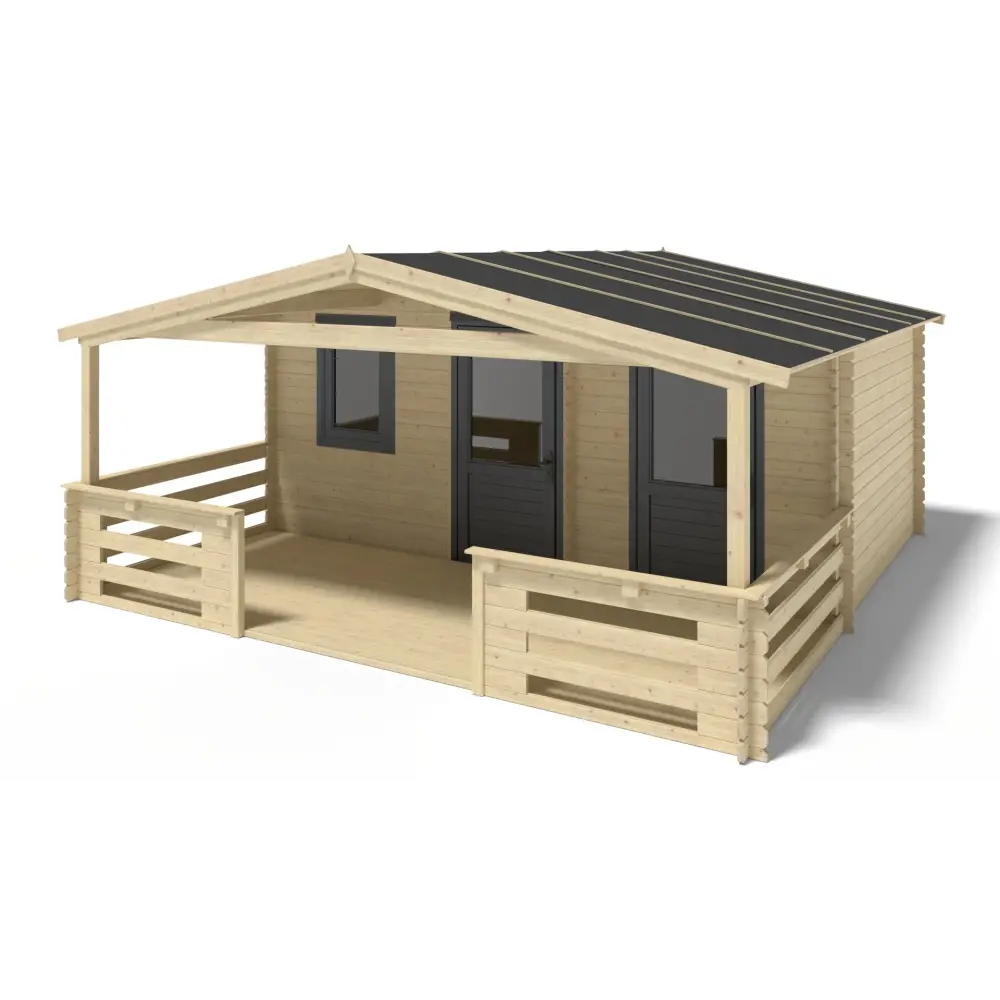Abri de jardin en bois - 5x3 m + terrasse avec balustrade et avant-toit en bois - 25 m2