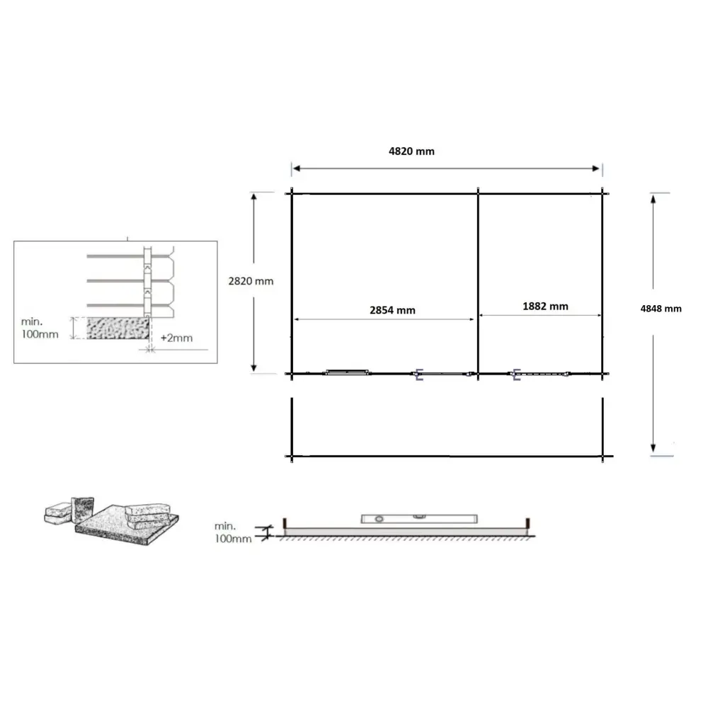 Abri de jardin en bois - 5x3 m + terrasse avec balustrade et avant-toit en bois - 25 m2