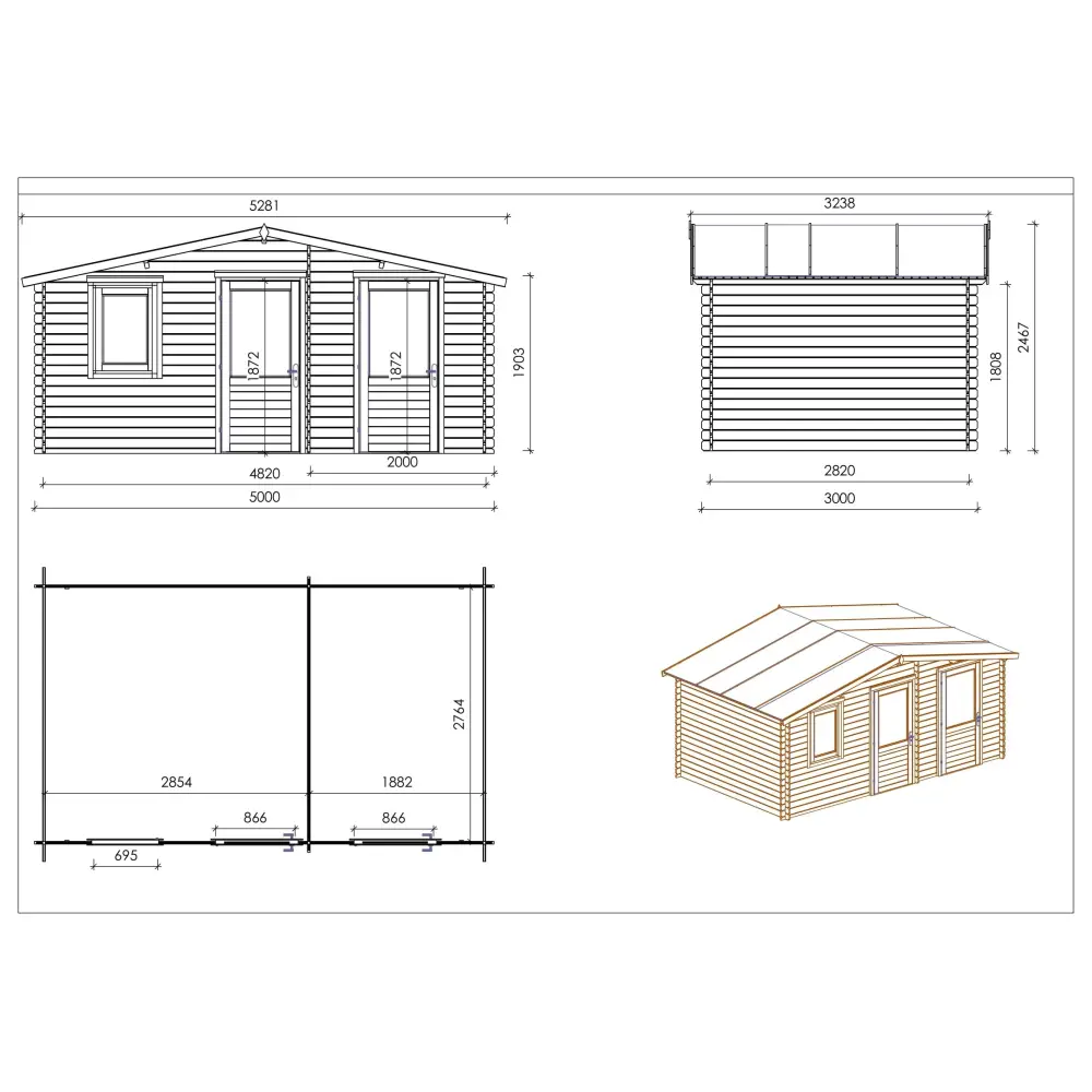 Abri de jardin en bois - 5x3 m + terrasse avec balustrade et avant-toit en bois - 25 m2