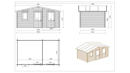 Abri de jardin en bois - 5x3 m + terrasse avec balustrade et avant-toit en bois - 25 m2