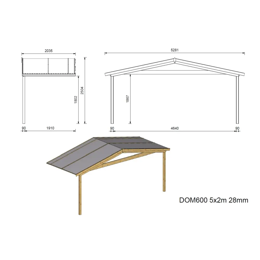 Abri de jardin en bois - 5x3 m + terrasse avec balustrade et avant-toit en bois - 25 m2