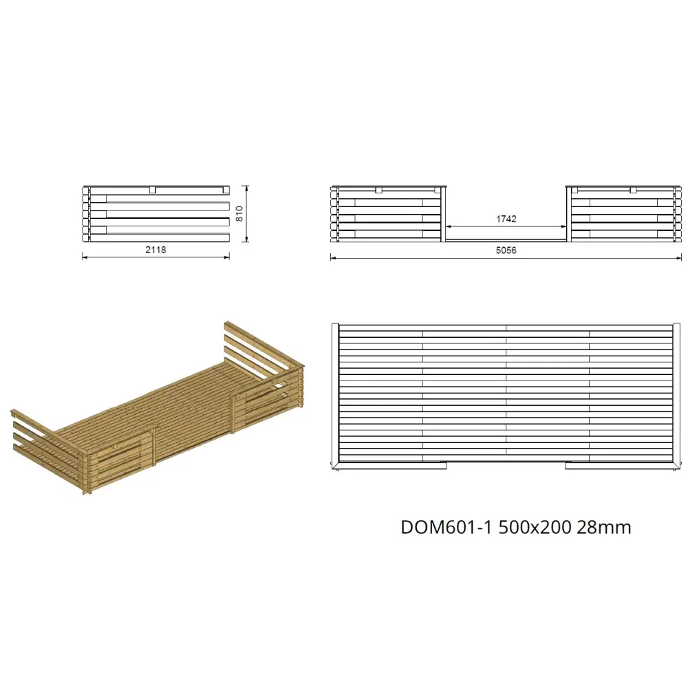 Abri de jardin en bois - 5x3 m + terrasse avec balustrade et avant-toit en bois - 25 m2