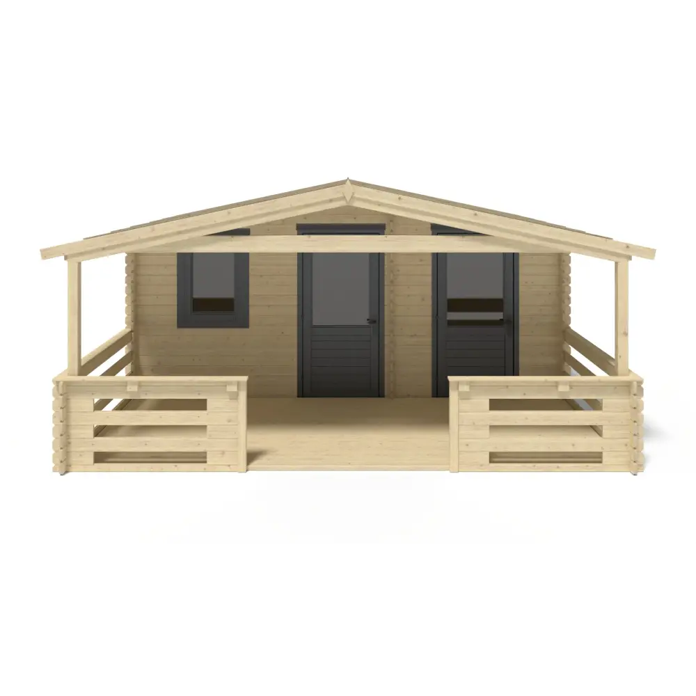 Abri de jardin en bois - 5x3 m + terrasse avec balustrade et avant-toit en bois - 25 m2