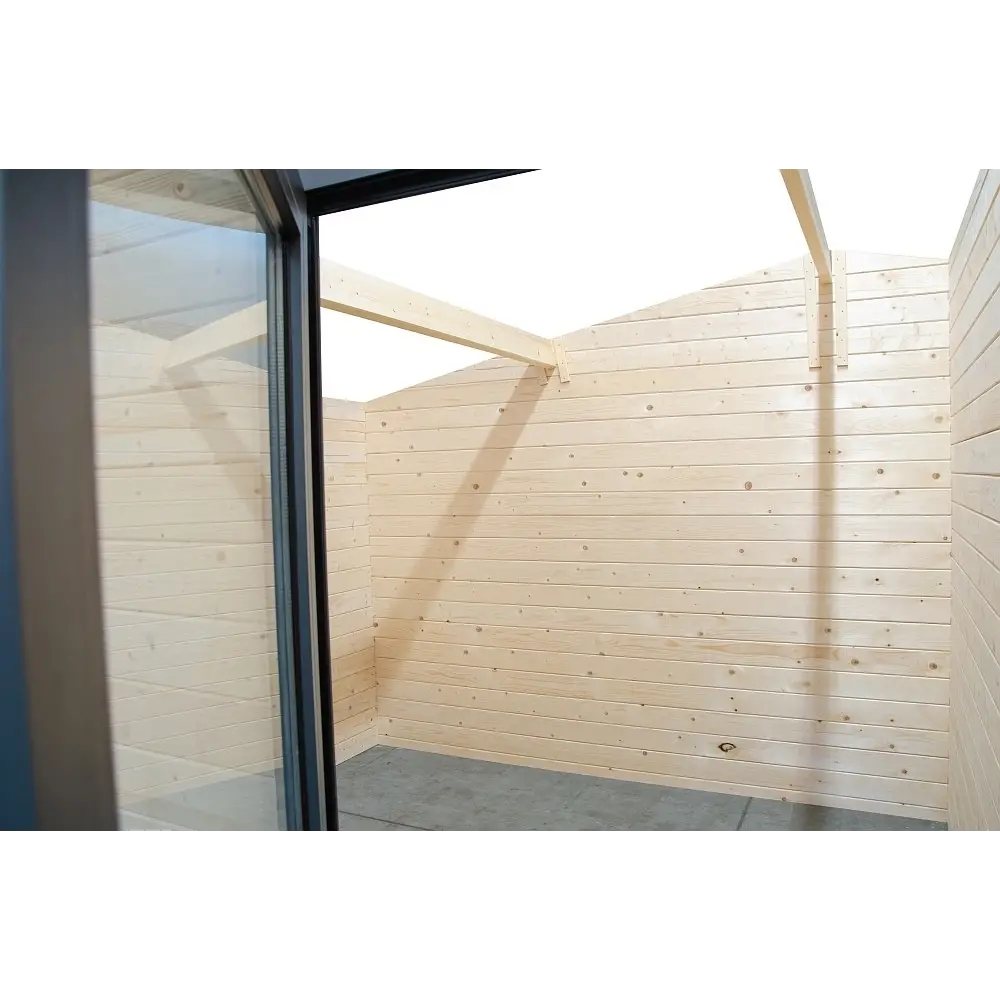 Abri de jardin en bois - 5x3 m + terrasse avec balustrade et avant-toit en bois - 25 m2