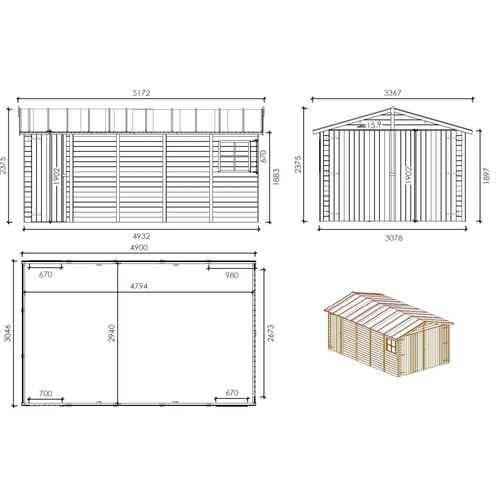 Garage en bois - 14.94m2 - 3.05x4.93m - Ep. 18mm - couleur: naturel
