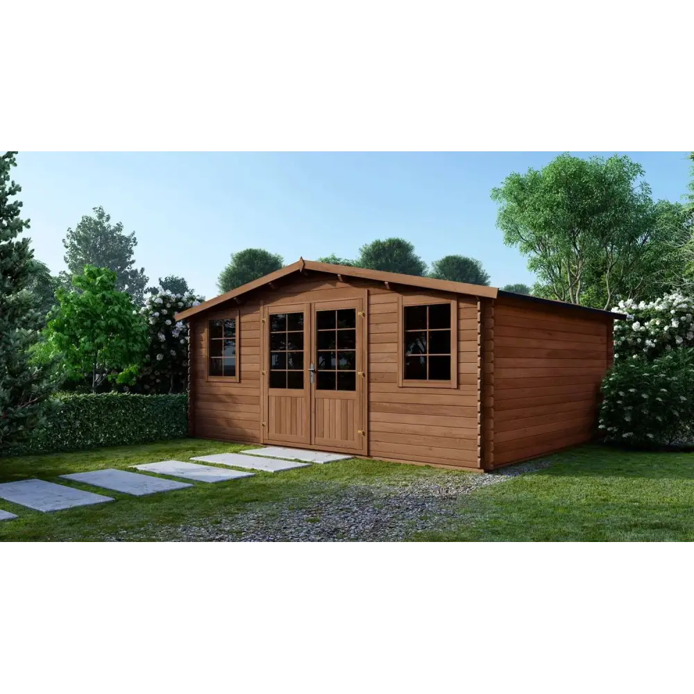 Abri de jardin en bois - 34.8m2 - 5.9x5.9m - Traité - Ep. 45mm - Couleur: marron