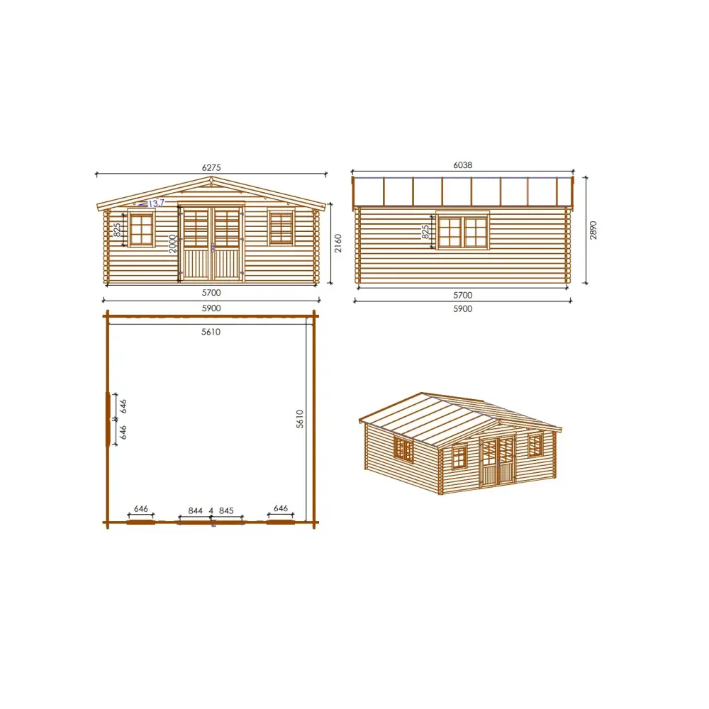 Abri de jardin en bois - 34.8m2 - 5.9x5.9m - Traité - Ep. 45mm - Couleur: marron